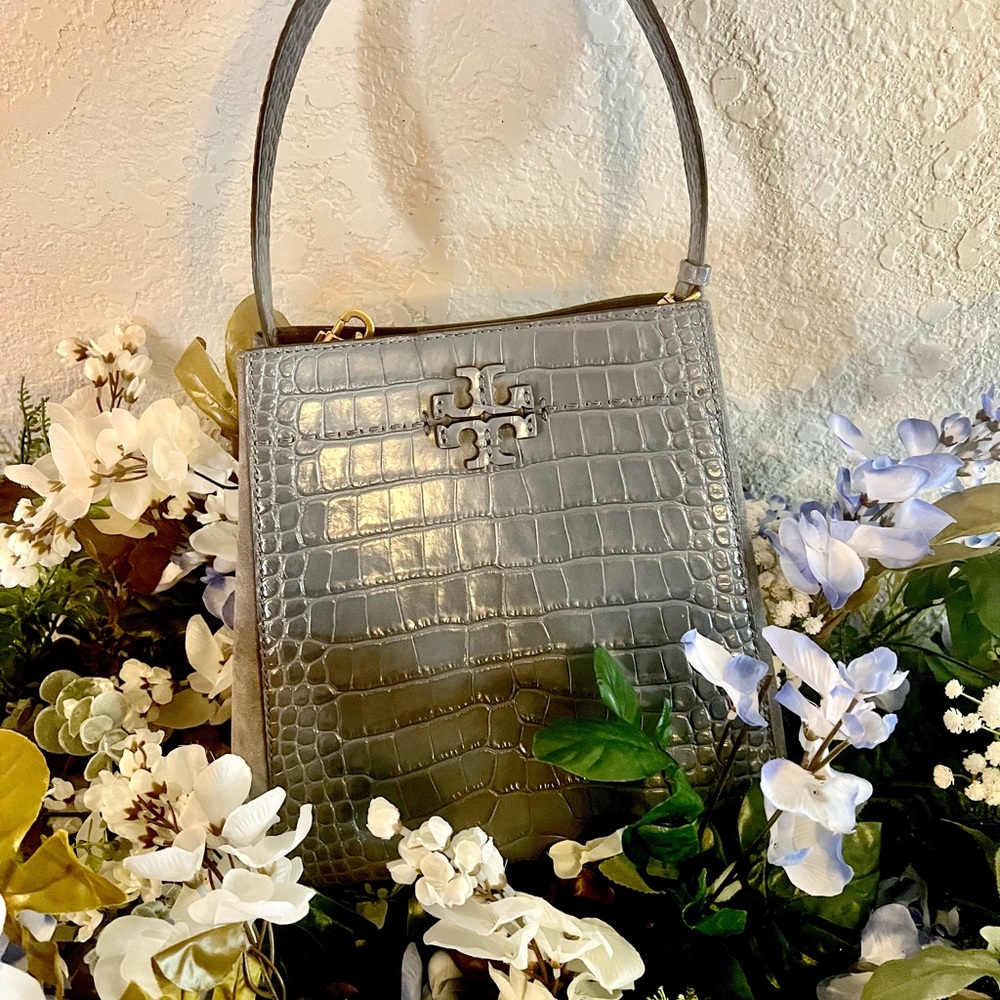 Tory Burch Embossed McGraw Bucket Bag Bluestone